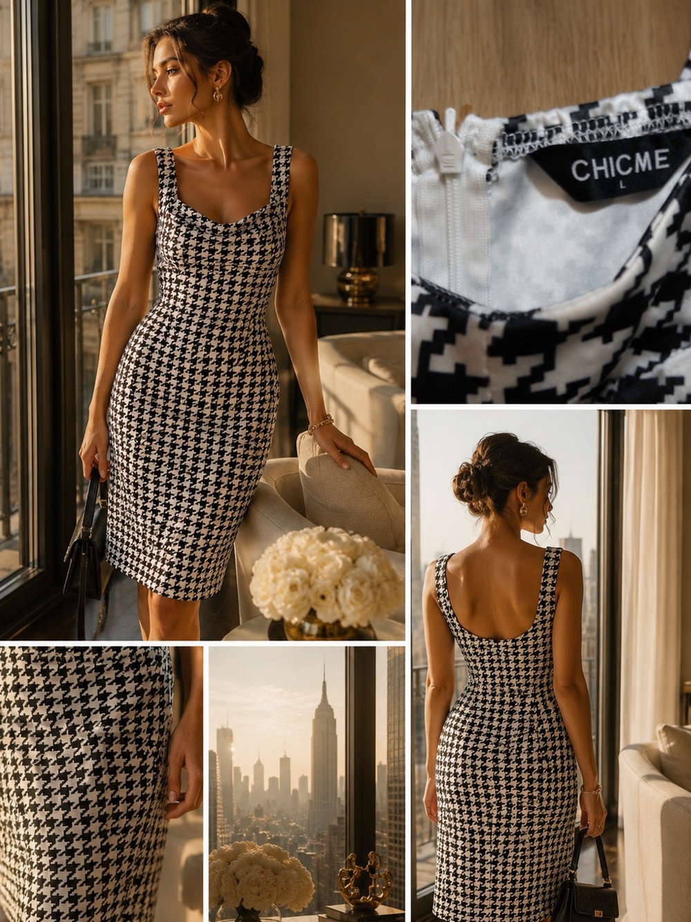 Chic Black & White Houndstooth Vintage Midi Sheath Dress - Picture 6 of 6